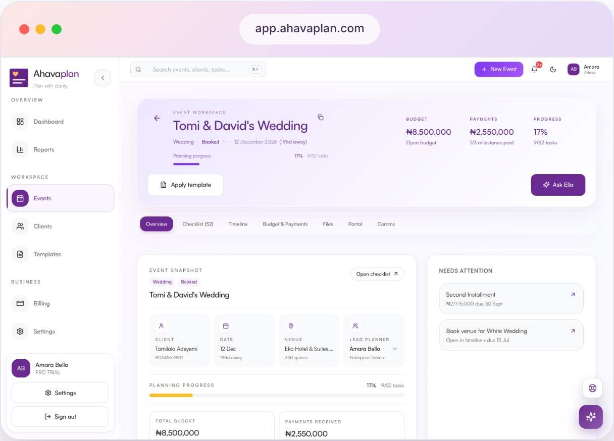 Ahavaplan event workspace — one hub per event