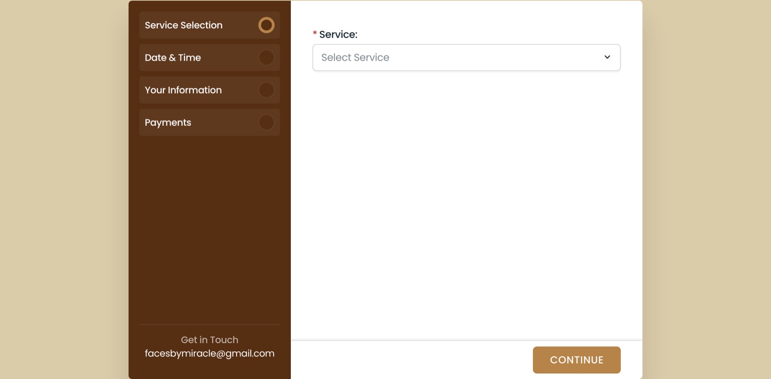 Multi-step booking flow with service selection and payment