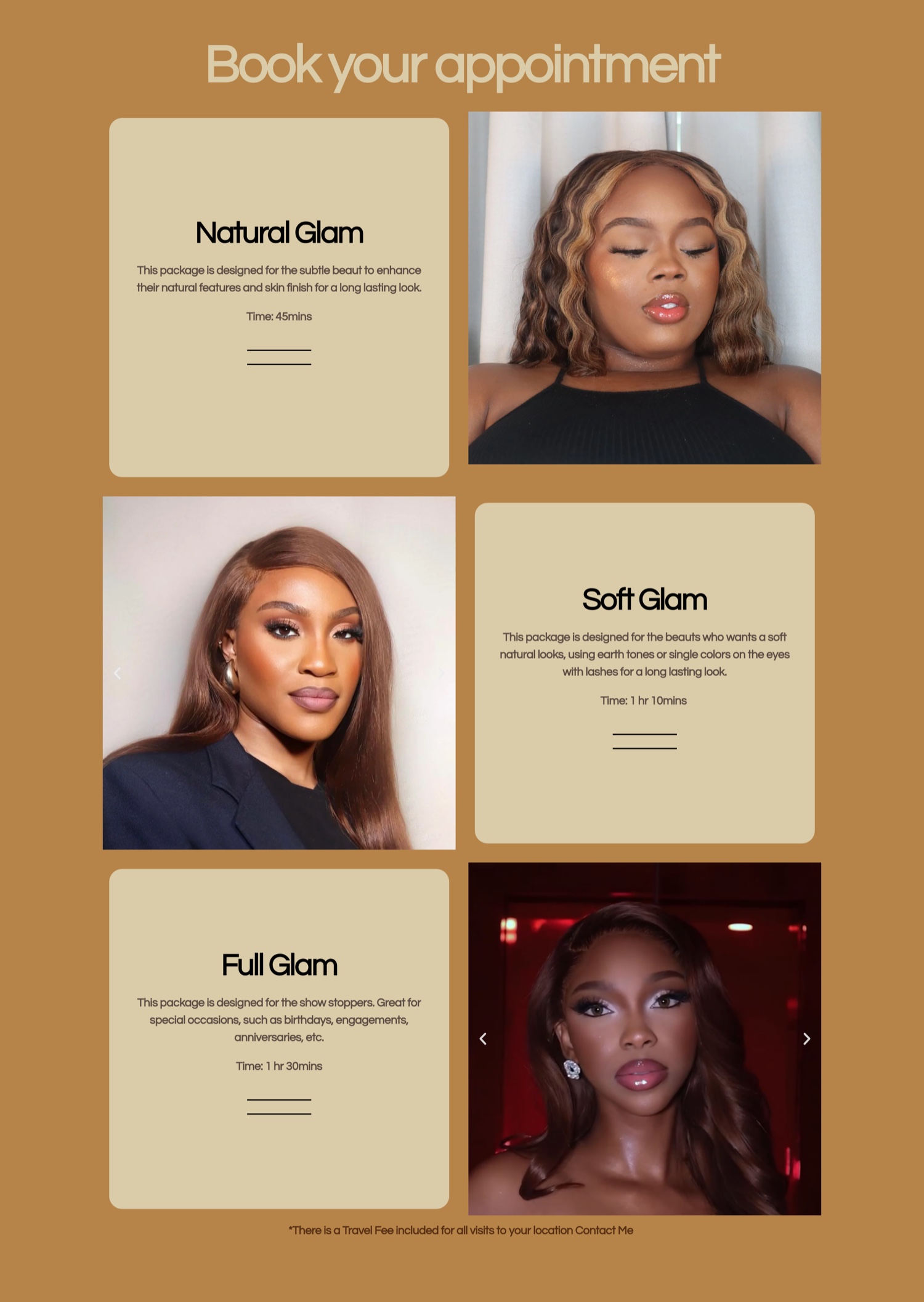 Service packages: Natural Glam, Soft Glam, Full Glam